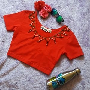 Dangling beaded neckline crop top